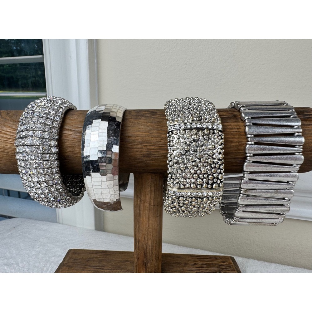 Lucky Brand Vintage Y2K Silver Tone Bracelet Lot Rhinestone Cuff Stretch 4pc Set